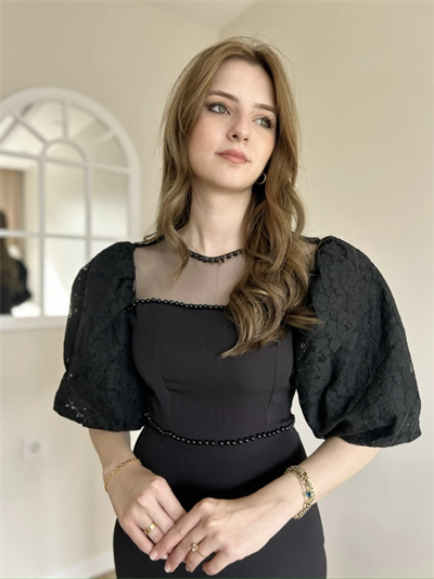 Diana Siyah Tül ve İnci Detaylı Elbise