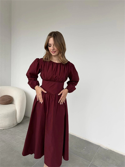 Drapeli Korsaj Detaylı Bordo Elbise