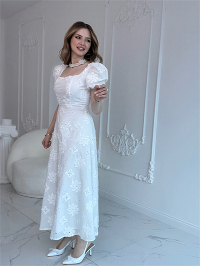 Kare Yaka Balon Kol Brode Elbise - Ekru