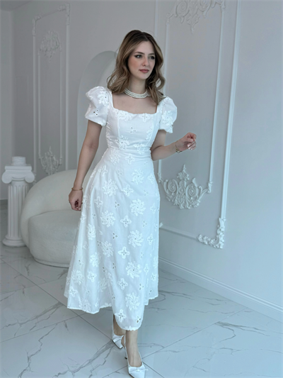 Kare Yaka Balon Kol Brode Elbise - Ekru