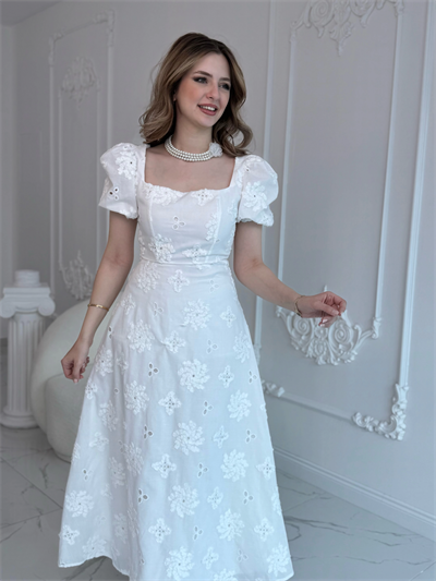 Kare Yaka Balon Kol Brode Elbise - Ekru