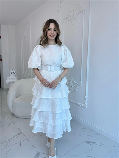 Ekru Kat Kat Balon Kollu Kemerli Elbise