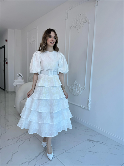 Ekru Kat Kat Balon Kollu Kemerli Elbise