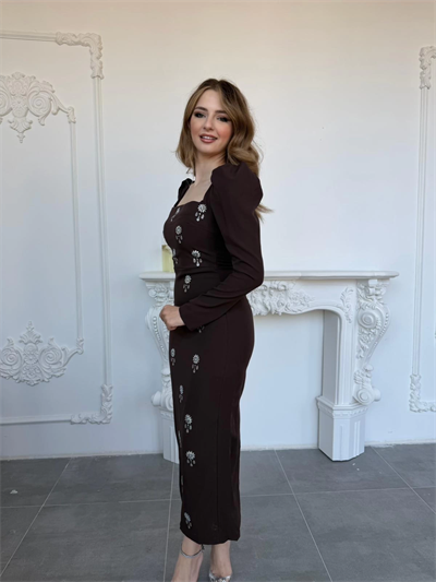 Etnik Taş İşlemeli Kare Yaka Uzun Kol Kahve Elbise