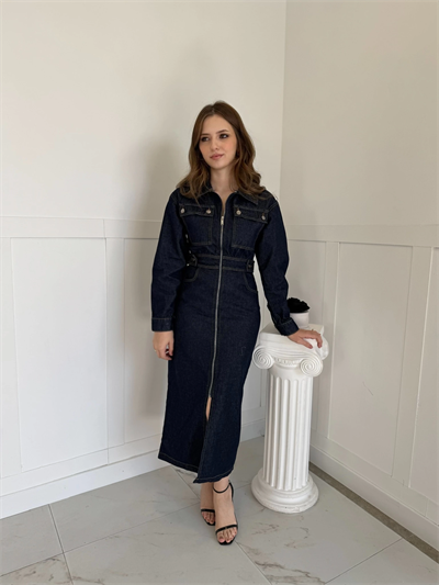 Fermuarlı Cep Detaylı Midi Boy Kot Elbise