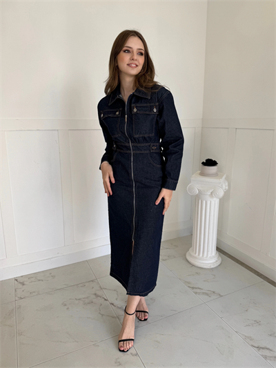 Fermuarlı Cep Detaylı Midi Boy Kot Elbise