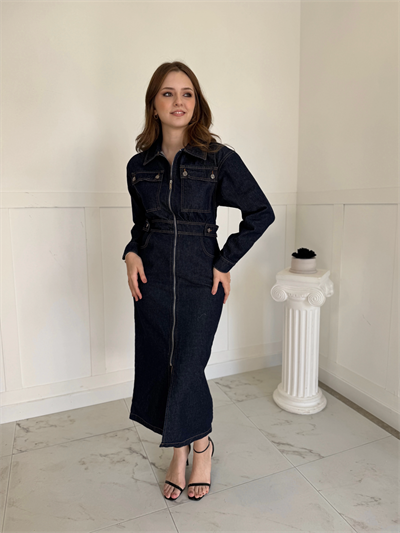 Fermuarlı Cep Detaylı Midi Boy Kot Elbise