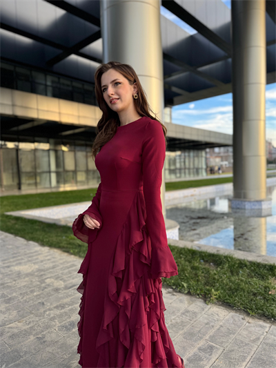 Fırfır Detay Bordo Elbise