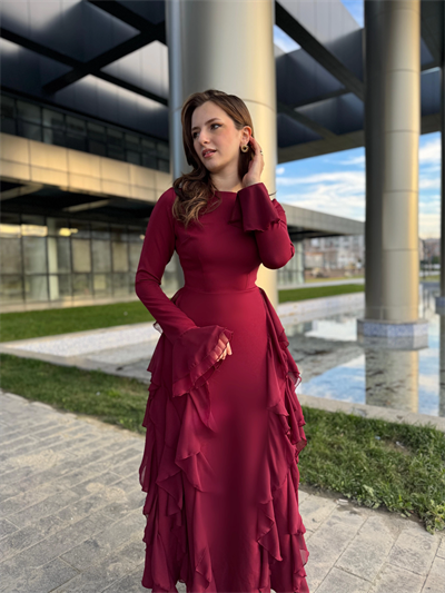 Fırfır Detay Bordo Elbise