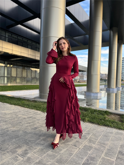 Fırfır Detay Bordo Elbise