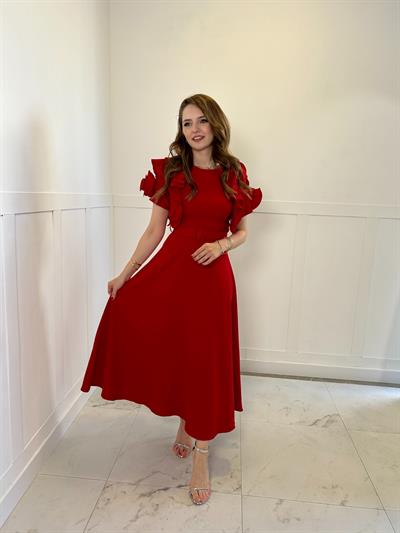 Fırfır Gül Kol Detaylı Kırmızı Maxi Boy Elbise