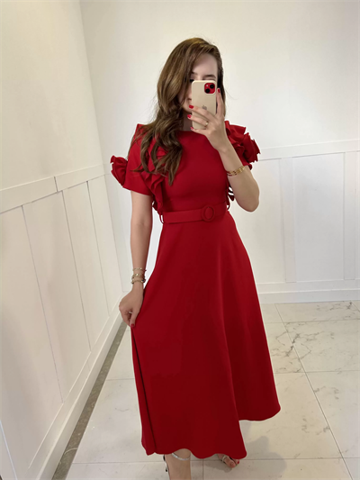 Fırfır Gül Kol Detaylı Kırmızı Maxi Boy Elbise