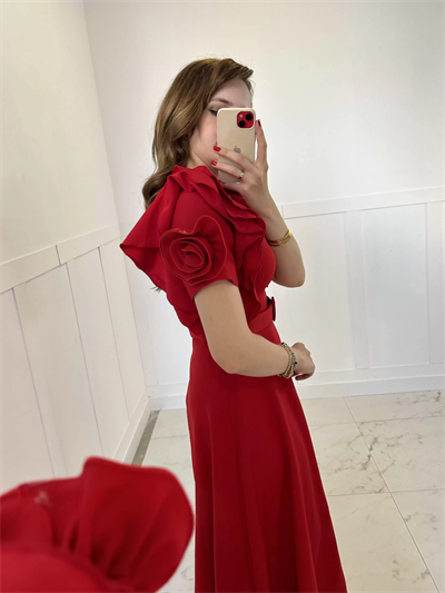 Fırfır Gül Kol Detaylı Kırmızı Maxi Boy Elbise