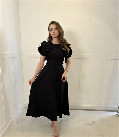 Fırfır Gül Kol Detaylı Siyah Maxi Boy Elbise