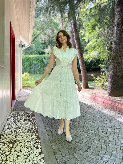 Fisto Kumaş Beyaz Kemer Detaylı Elbise