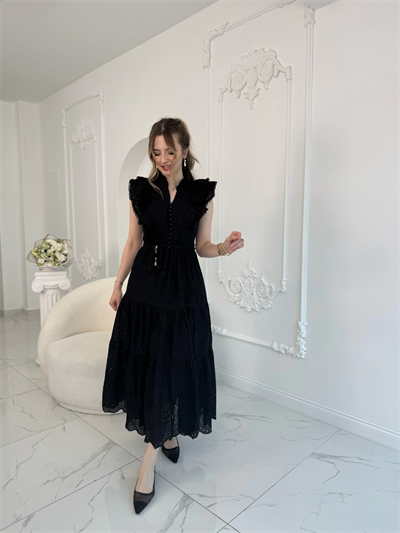 Fisto Kumaş Siyah Kemer Detaylı Elbise