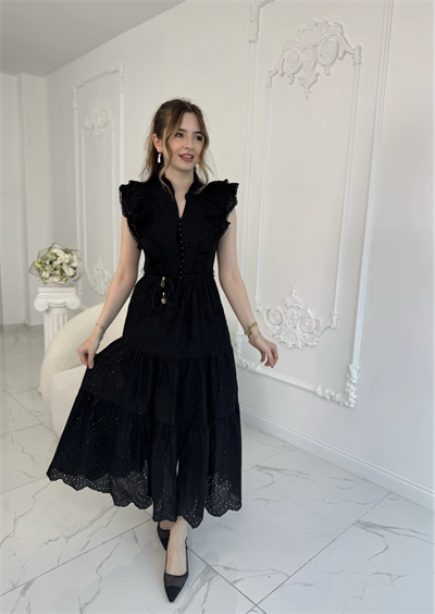 Fisto Kumaş Siyah Kemer Detaylı Elbise