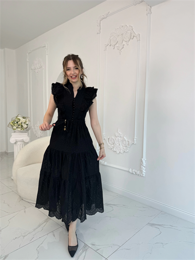 Fisto Kumaş Siyah Kemer Detaylı Elbise