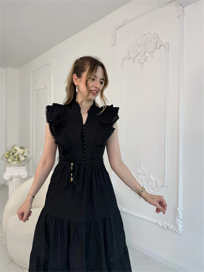 Fisto Kumaş Siyah Kemer Detaylı Elbise