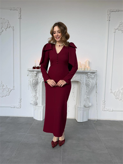 Fiyonk Detaylı Düğme Ayrıntılı Zarif Bordo Elbise