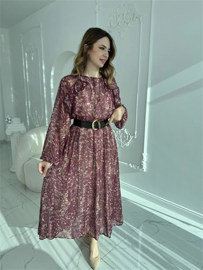 Floral Desenli Uzun Kollu Şifon Elbise
