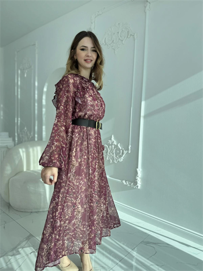 Floral Desenli Uzun Kollu Şifon Elbise