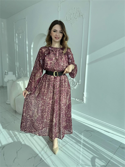 Floral Desenli Uzun Kollu Şifon Elbise