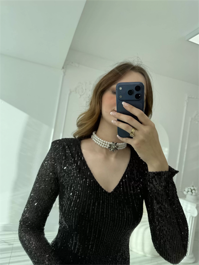 Füme Çiçek Taş Detaylı İnci Choker