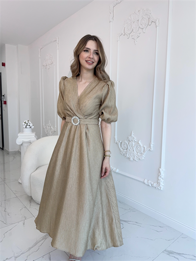 Gold Işıltılı Kemerli Kruvaze Elbise