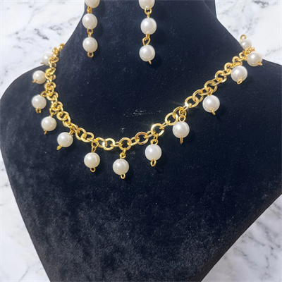 Gold Zincirli İnci Kolye ve Küpe
