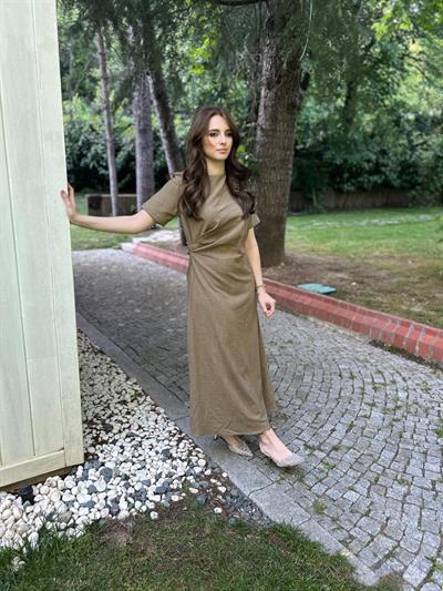 Haki Keten maxi boy elbise