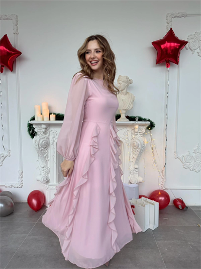 Hareketli Fırfır Etekli Şifon Maxi Pembe Elbise