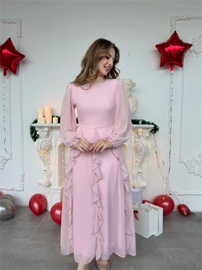 Hareketli Fırfır Etekli Şifon Maxi Pembe Elbise