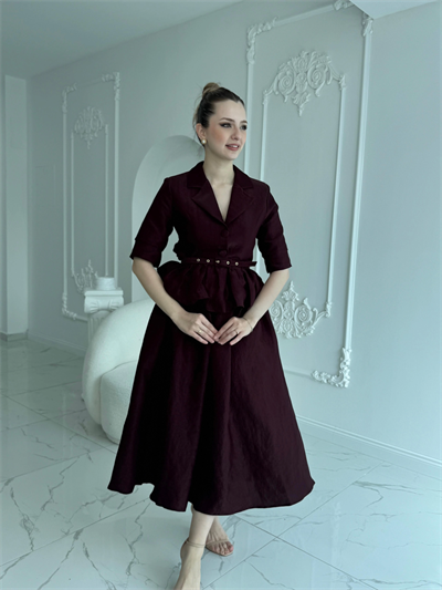 İnce Kemerli Fırfırlı Ceket ve Etek Bordo Takım