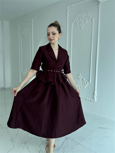 İnce Kemerli Fırfırlı Ceket ve Etek Bordo Takım