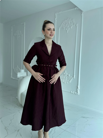 İnce Kemerli Fırfırlı Ceket ve Etek Bordo Takım