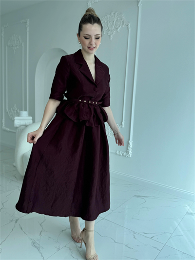 İnce Kemerli Fırfırlı Ceket ve Etek Bordo Takım