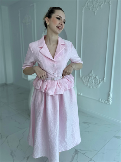 İnce Kemerli Fırfırlı Ceket ve Etek Pembe Takım