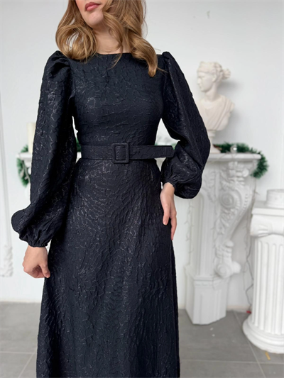 Işıltılı Özel Kumaş Kemerli Etek Ucu Dantelli Lacivert Elbise