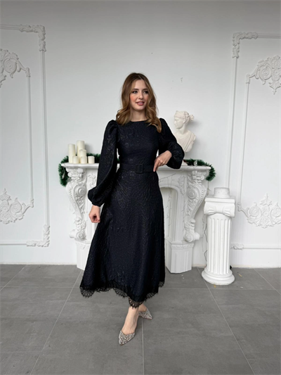 Işıltılı Özel Kumaş Kemerli Etek Ucu Dantelli Lacivert Elbise