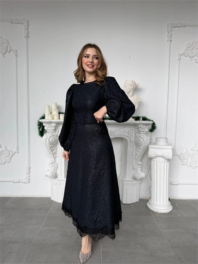 Işıltılı Özel Kumaş Kemerli Etek Ucu Dantelli Lacivert Elbise