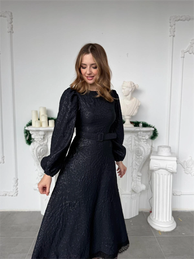 Işıltılı Özel Kumaş Kemerli Etek Ucu Dantelli Lacivert Elbise