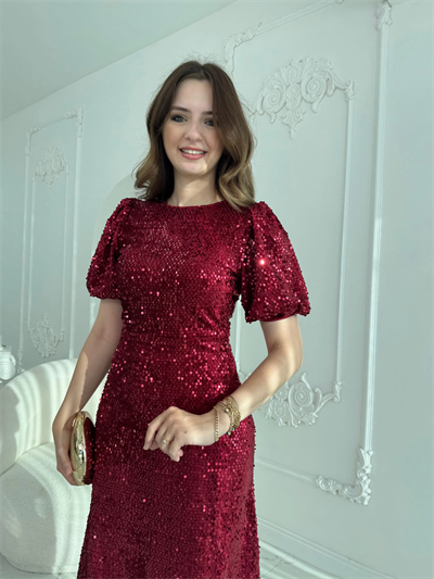 Işıltılı Vatkalı Pul Payet Bordo Elbise