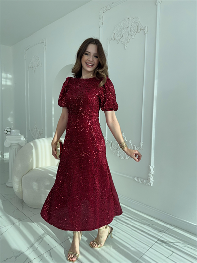 Işıltılı Vatkalı Pul Payet Bordo Elbise