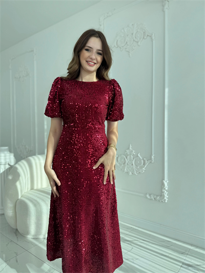 Işıltılı Vatkalı Pul Payet Bordo Elbise