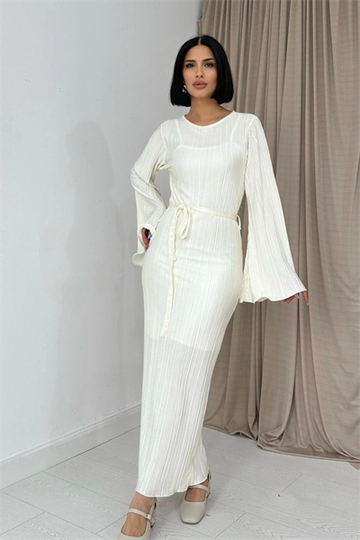 İspanyol Kol Tam Boy Piliseli Ekru Elbise