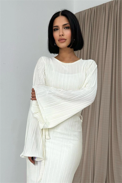 İspanyol Kol Tam Boy Piliseli Ekru Elbise