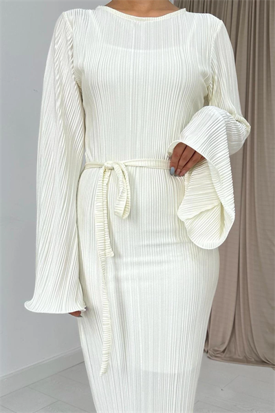 İspanyol Kol Tam Boy Piliseli Ekru Elbise