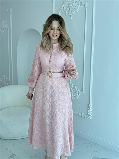 Jakarlı Kemer Detaylı Tam Boy Pembe Elbise