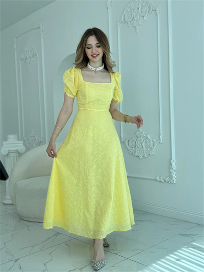 Kare Yaka Balon Kollu Fisto Sarı Elbise